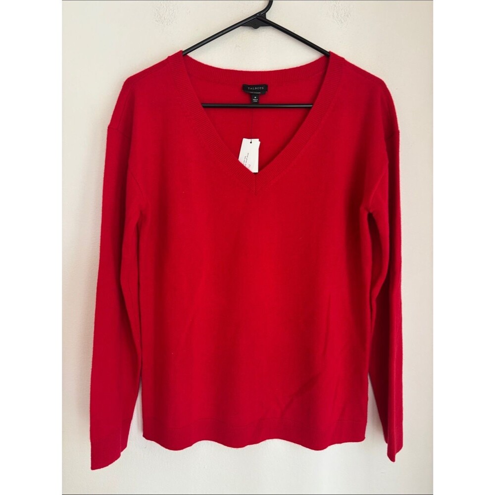 Talbots Women's 100% cashmere Red V-Neck knit Sweater Classic Medium NWT Holiday